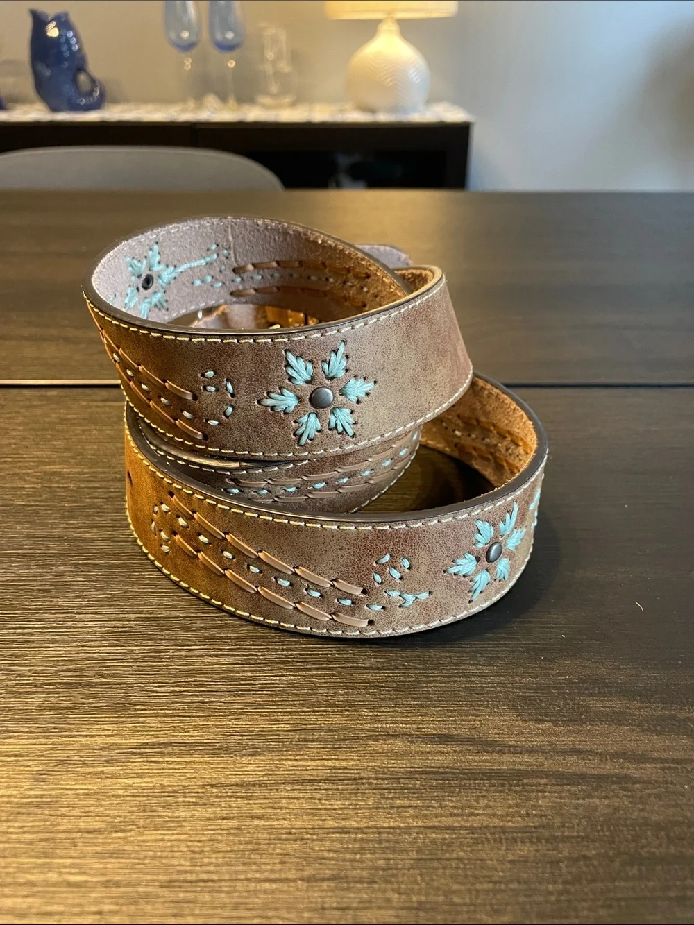 Embroidered Suede Brown Belt with Turquoise Accents